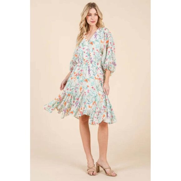 Lime 'N' Chili Floral Cinched Waist Balloon Sleeve V-Neck Dress - Picture 7 of 10